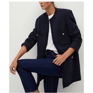 MANGO TWEED CAR COAT OPEN FRONT POCKET W-BUTTON CLOSURE FRAYED TRIM BLUE S